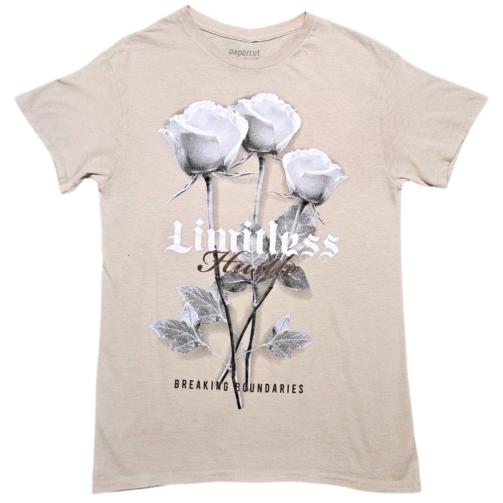 Papercut Collection Limitless Hustle Rose Graphic Tee Men’s S Beige Floral Shirt